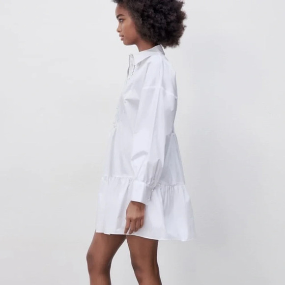 Zara White 100% Cotton Faux Pearl Buttons Voluminous Poplin Shirt Dress - Picture 3 of 12